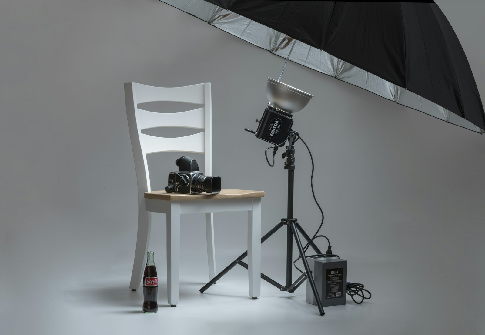 Product photo setup with studio light on a white backdrop